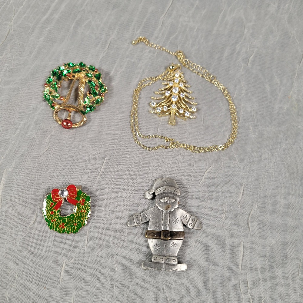 Christmas Jewelry Lot 4 Tree Necklace Santa Wreath Brooch Pins Gold Silver Tone